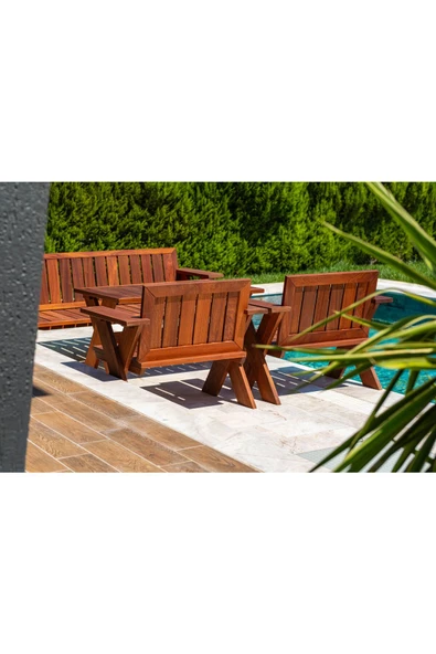 WOODMAN FURNITE & WOOD 4 Kişilik Sehpalı Orta Masalı Ahşap Bahçe Balkon Oturma Takımı Masif Maun Ağacı - 3