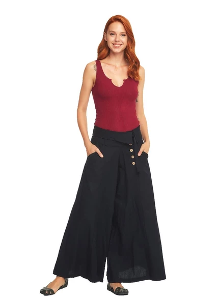 Düşük Bel Düğmeli Bol Paça Pantolon - 5