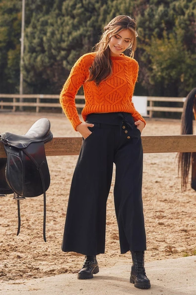 Düşük Bel Düğmeli Bol Paça Pantolon - 3