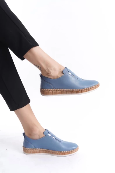 Kadın Hakiki Deri Lastik Detaylı Babet Tam Kalıp Düz Taban Slip-On Rahat Günlük Ayakkabı - Resim 7