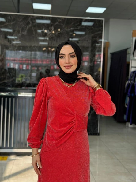 Aden Simli  Abiye Elbise Nar Çiçeği - 1