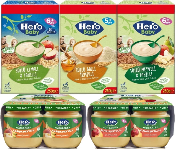 Hero Baby Kaşık Maması 250GR Sütlü Meyveli - Elmalı 8 Tahıllı - Ballı İrmikli +8 Adet Kavanoz Maması