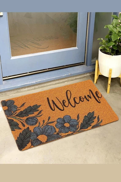 Valerine Life Lacivert Papatya Çiçekli Welcome Hoş Geldiniz Kapı Önü Paspası 45x70cm - 3