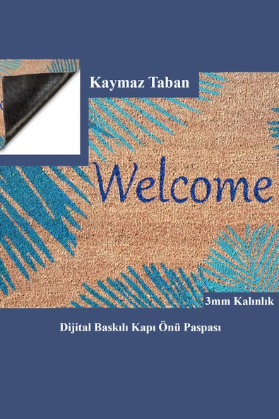 Valerine Life Mavi Palmiye Yapraklı Welcome Hoş Geldiniz Kapı Önü Paspası 45x70cm - Resim 4