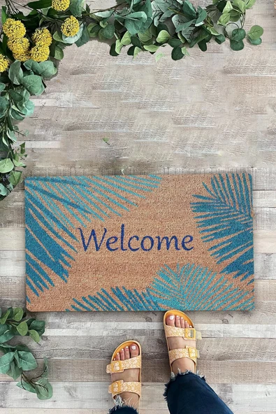 Valerine Life Mavi Palmiye Yapraklı Welcome Hoş Geldiniz Kapı Önü Paspası 45x70cm - Resim 2