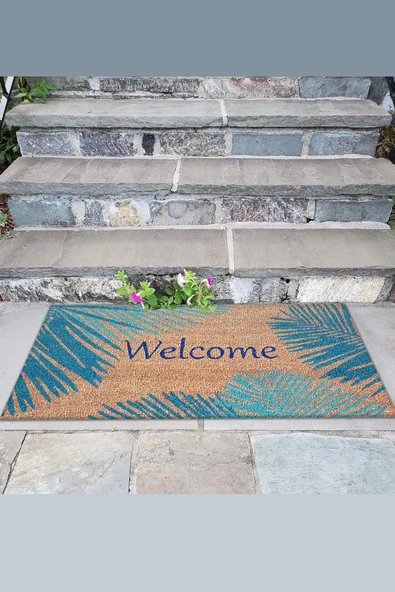 Valerine Life Mavi Palmiye Yapraklı Welcome Hoş Geldiniz Kapı Önü Paspası 45x70cm - Resim 3