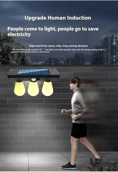 Solar Güneş Enerjili Şarjlı Aplik Lamba Hareket Sensörlü 3 Ampullu 3W - 6