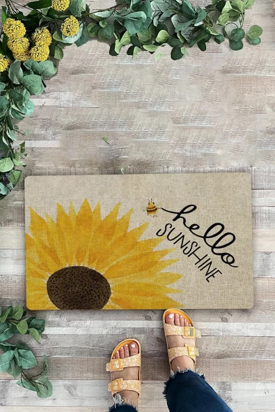 Valerine Life Günebakan Ay Çiçeği Merhaba Yaz Temalı Welcome Hoş Geldiniz Kapı Önü Paspası 45x70cm - Resim 3