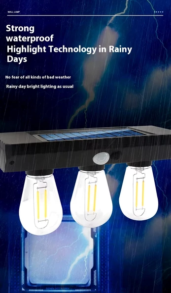 Solar Güneş Enerjili Şarjlı Aplik Lamba Hareket Sensörlü 3 Ampullu 3W - 2