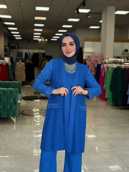 Üçlü Keten Takım Saks Mavisi - 3