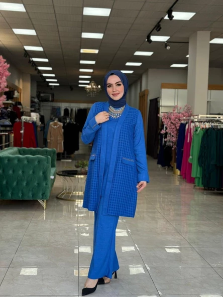 Üçlü Keten Takım Saks Mavisi - 2