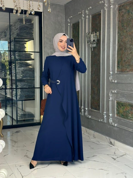 Kuş Gözü Detaylı Elbise-Lacivert - 3