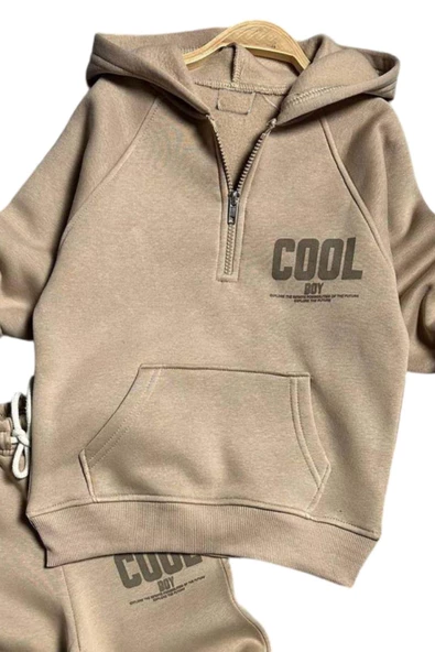Erkek Çocuk Cool Boy Baskılı Fermuarlı Yaka Cepli Sweatshirt Bej Eşofman Takım - 2