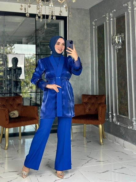 Nurgül Üçlü Takım-Saks mavisi - Resim 2