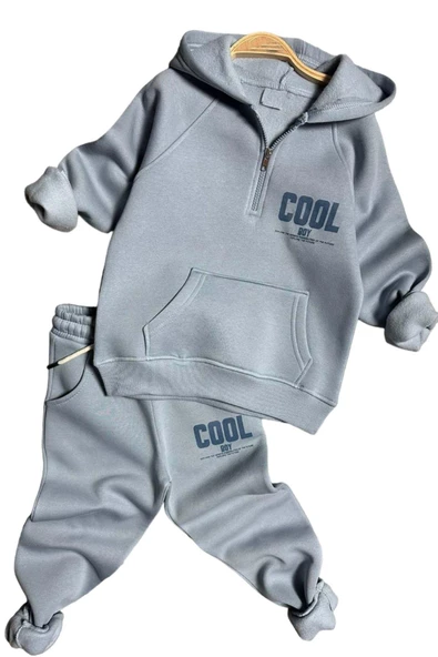 Erkek Çocuk Cool Boy Baskılı Fermuarlı Yaka Cepli Sweatshirt Buz Mavisi Eşofman Takım