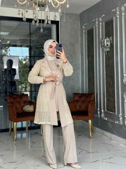 Hande Dantelli Takım-Bej - Resim 2