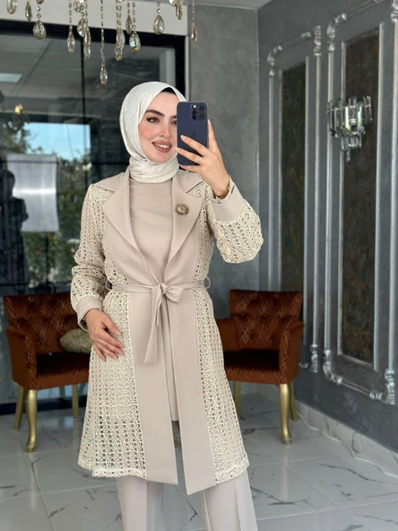 Hande Dantelli Takım-Bej - Resim 3