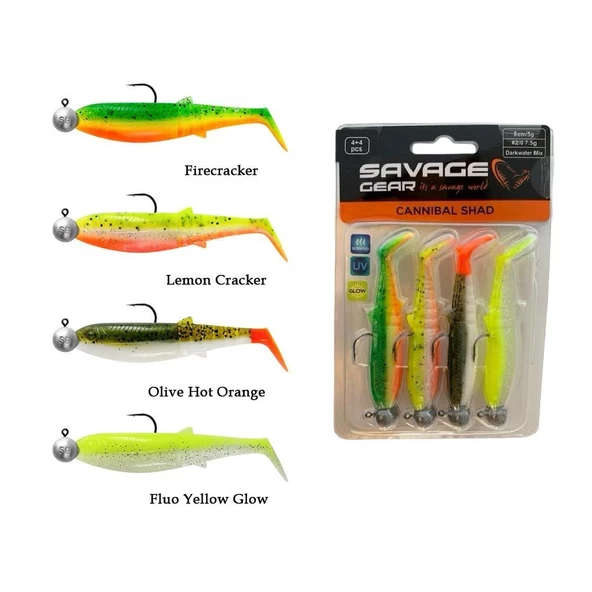 Savage Gear Cannibal Shad  8cm 5gr+7.5gr Dark Water 4Adet Hazır Silikon Yem Seti - 1