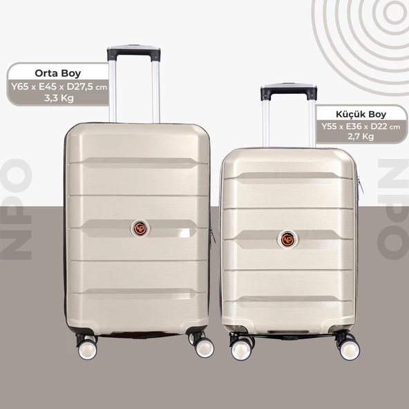 NPO Diamond PP(Polipropilen) Küçük ve Orta Boy 2'li Kırılmaz Valiz Seti - Kemik - 3