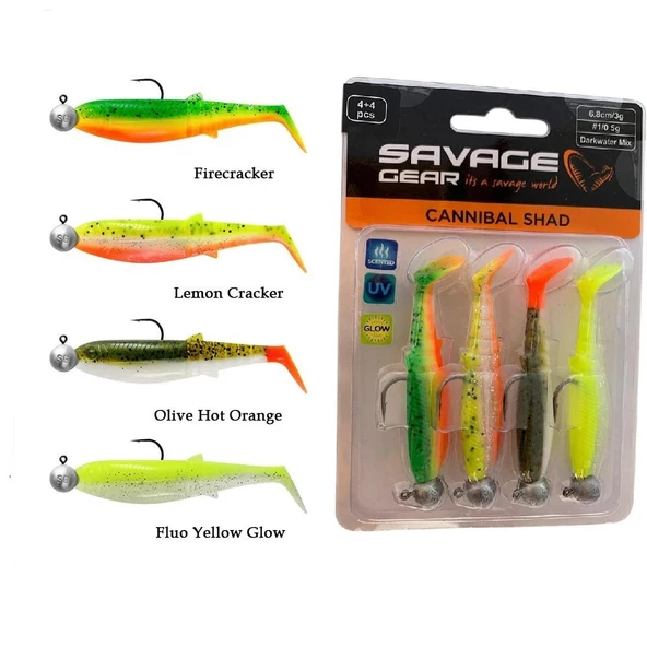 Savage Gear Cannibal Shad  6.8cm 3gr+5gr Dark Water 4Adet Hazır Silikon Yem Seti
