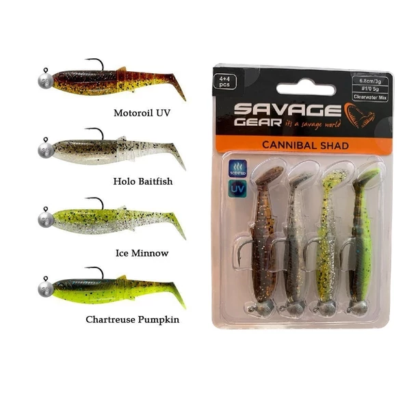 Savage Gear Cannibal Shad 6.8cm 3gr+5gr Clear Water 4Adet Hazır Silikon Yem Seti