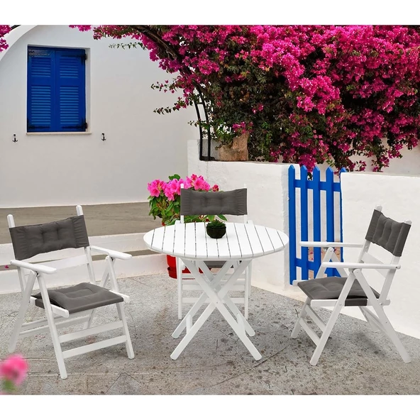 Marmaris Katlanır Ahşap Bahçe Balkon Seti Beyaz: 70lik Masa, 2 Minderli Sandalye