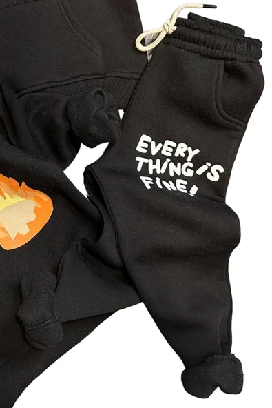 Erkek Çocuk Alev ve Yazı Baskılı Çift Tarafbaskı Sweatshirt Penye Siyah Eşofman Takım - 4