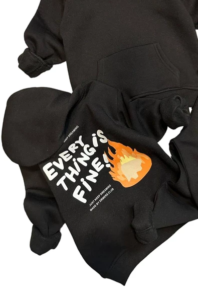 Erkek Çocuk Alev ve Yazı Baskılı Çift Tarafbaskı Sweatshirt Penye Siyah Eşofman Takım - 3