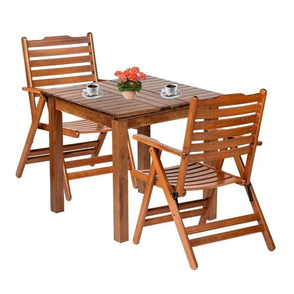 Ürgüp Ahşap Bahçe Balkon Seti: 80X80 Sabit Masa + 2 Katlanır Sandalye