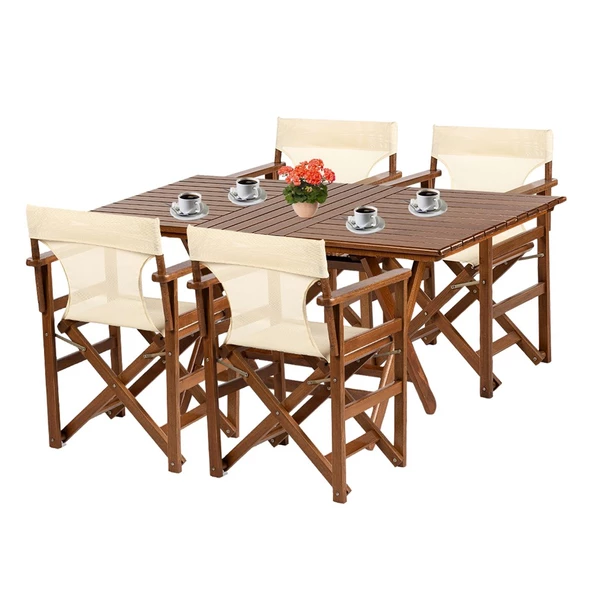 Yönetmen Katlanır Ahşap Bahçe Balkon Seti: 70x120 Masa + 4 Sandalye