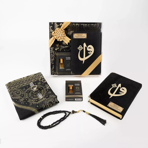 Kuran + Seccade +  Tesbih + Zikirmatik + Koku Hediye Seti (Çanta Boy, Kadife, Siyah) - 3