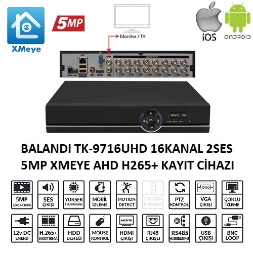 Balandi TK-9716UHD 16CH 1SES 5MP XMEYE AHD H265+ DVR KAYIT CİHAZI (Güvenlik) - 2