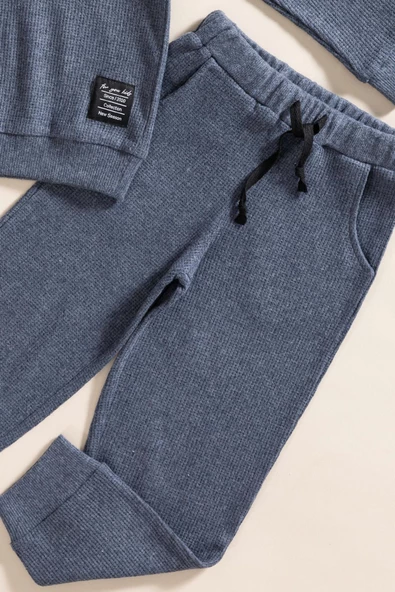 2'li Kapişonlu İndigo Waffle Sweat Jogger Alt Üst Takım - 3