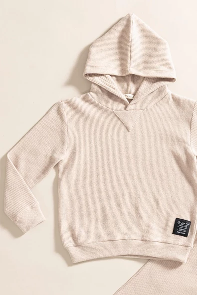 2'li Kapişonlu Taş Waffle Sweat Jogger Alt Üst Takım - Resim 3