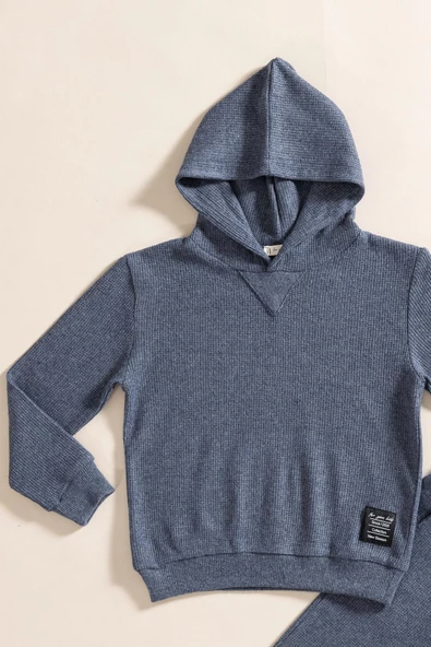 2'li Kapişonlu İndigo Waffle Sweat Jogger Alt Üst Takım - 2
