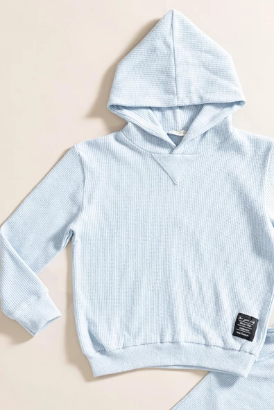 2'li Kapişonlu Mavi Waffle Sweat Jogger Alt Üst Takım - 2