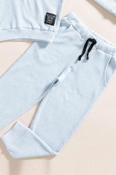 2'li Kapişonlu Mavi Waffle Sweat Jogger Alt Üst Takım - 3