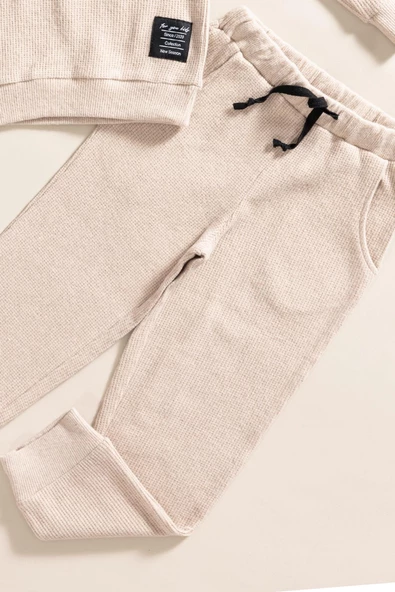 2'li Kapişonlu Taş Waffle Sweat Jogger Alt Üst Takım - Resim 2