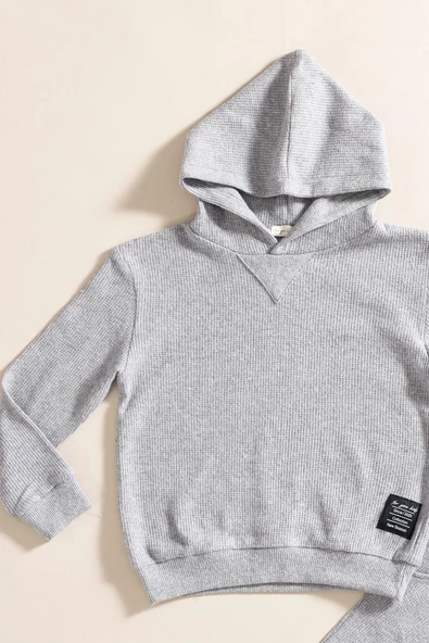 2'li Kapişonlu Koyu Gri Waffle Sweat Jogger Alt Üst Takım - 2