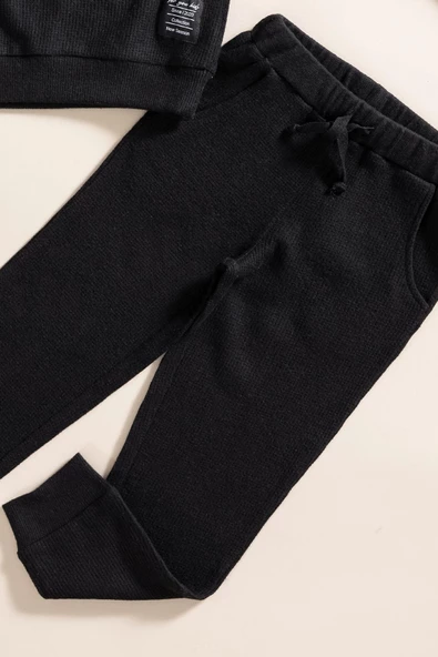 2'li Kapişonlu Siyah Waffle Sweat Jogger Alt Üst Takım - Resim 2