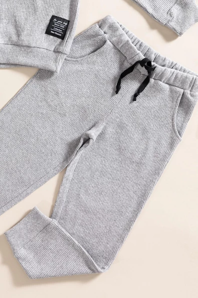 2'li Kapişonlu Koyu Gri Waffle Sweat Jogger Alt Üst Takım - 3