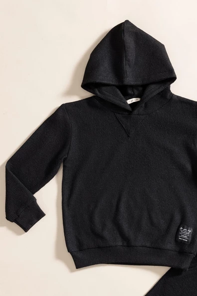 2'li Kapişonlu Siyah Waffle Sweat Jogger Alt Üst Takım - Resim 3