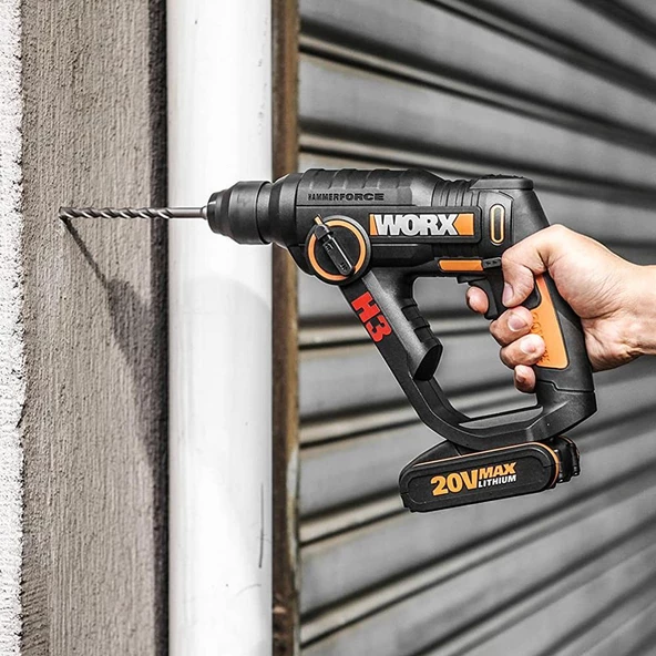 WORX WX390.1 20Volt 2.0Ah. Li-ion 1.2J Profesyonel SDS-Plus Pnömatik Çift Akülü Şarjlı Matkap + 8 Adet Uç + Mandren - 5
