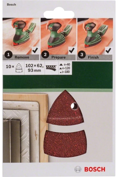 BOSCH - MULTİ ÜÇGEN ZIMPARA KAĞIDI 10'LU SET, 102 X 62/93 MM 40/120/180 KUM 11 DELİK 2609256A67 - 2