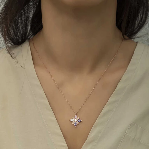 925 Ayar Gümüş Mix Taşlı Umut Çiçeği Gümüş Kolye - Resim 2