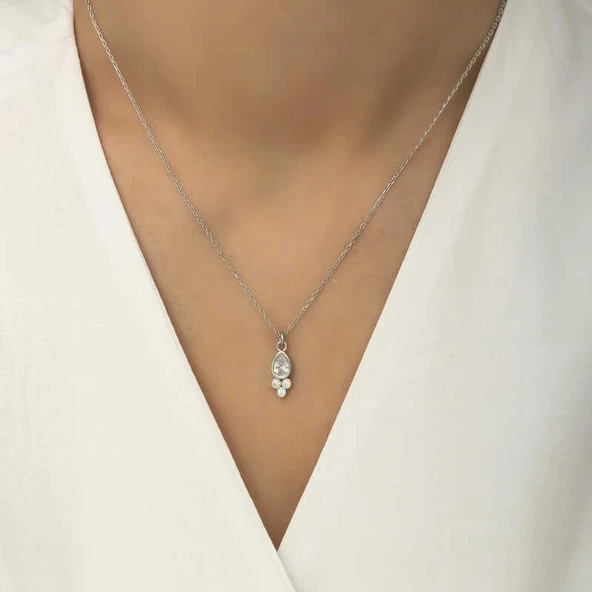 925 Ayar Gümüş Çiğ Damlası Tektaş Kadın Gümüş Kolye - Resim 2