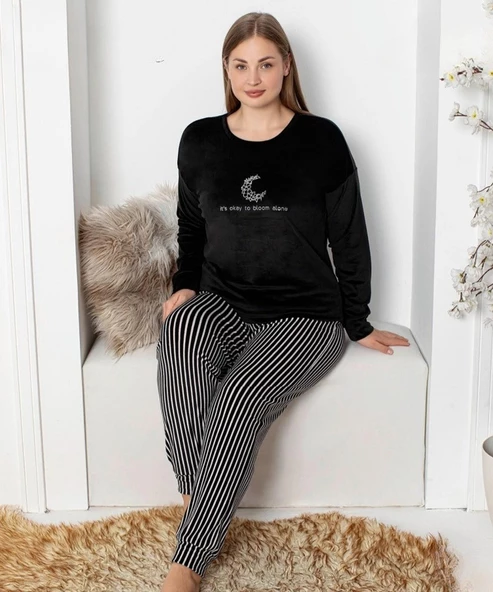Pijamoni Kadın Kadife Büyük Beden Bisiklet Yaka Uzun Kol Pijama Takımı 4230/5- 1 Adet  4XL Siyah
