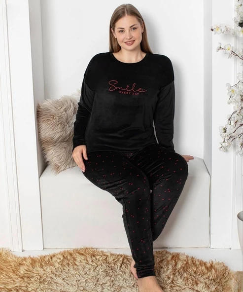 Pijamoni Kadın Kadife Büyük Beden Bisiklet Yaka Uzun Kol Pijama Takımı 4230/3- 1 Adet  4XL Siyah