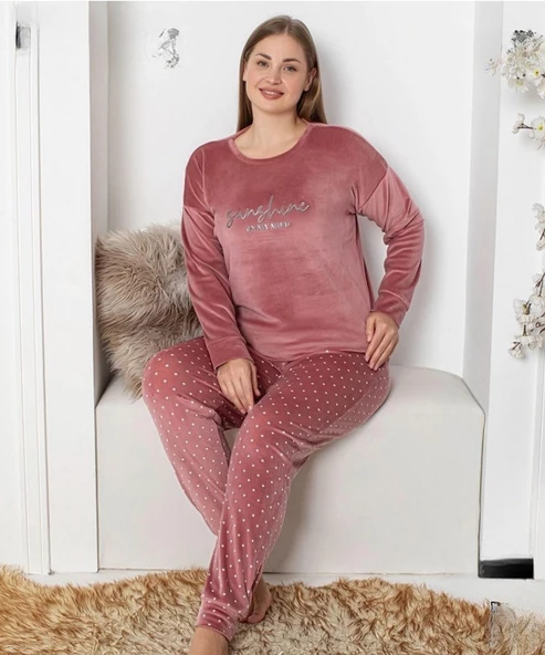 Pijamoni Kadın Kadife Büyük Beden Bisiklet Yaka Uzun Kol Pijama Takımı 4230/2- 1 Adet  4XL Pudra