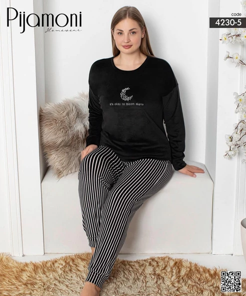 Pijamoni Kadın Kadife Büyük Beden Bisiklet Yaka Uzun Kol Pijama Takımı 4230/5- 1 Adet  Siyah 5XL - 2